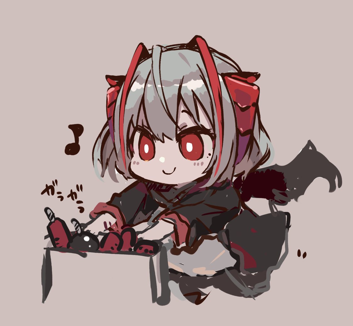 w (arknights) 1girl explosion solo chibi horns red eyes grey hair  illustration images