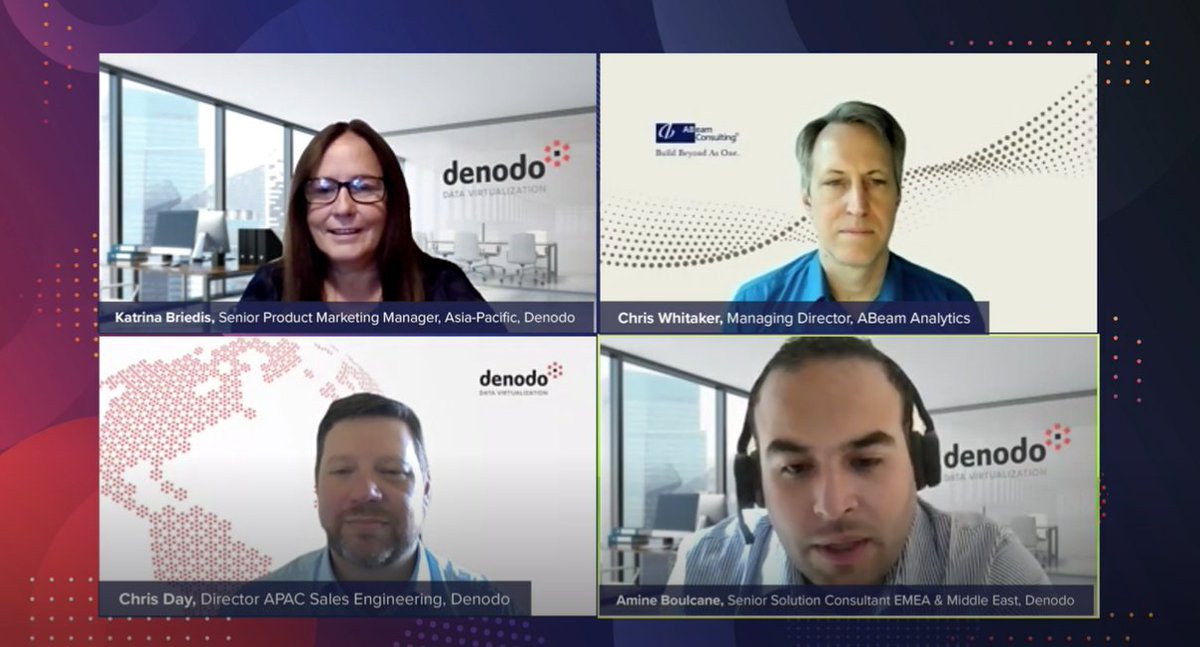 denodo's tweet image. We are on time of breakouts at the #FastDataStrategy #Virtual Summit #APAC! Which session do you prefer? Panel with experts from #Denodo and @ABeam Analytics; Session with Paul Moxon; or Presentation with Demo by Pablo Alvarez. You are still on time! bit.ly/3rODL40