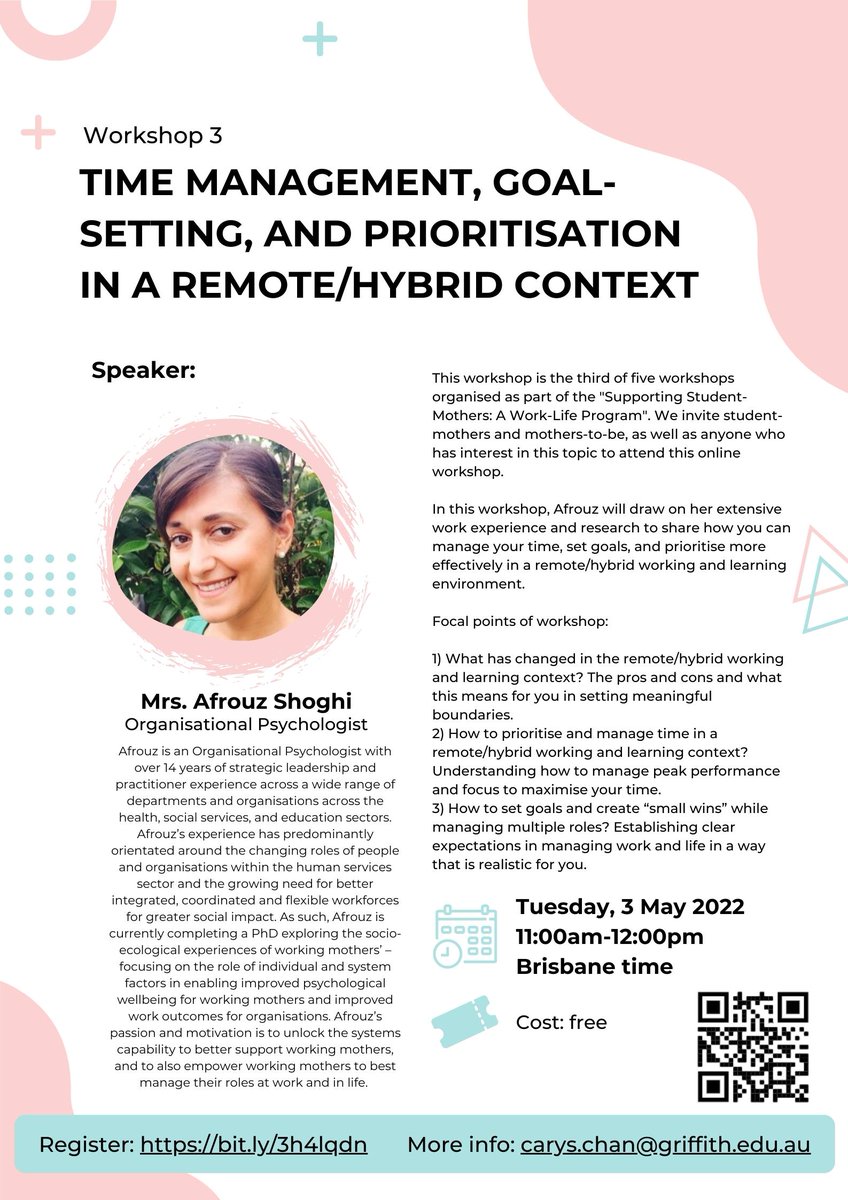 Less than a week till our next webinar "Time Management, Goal-Setting, and Prioritisation in a Remote/Hybrid Context" on Tuesday, 3 May 2022, 11am to 12pm (Brisbane time). If you are keen to attend, please register here: lnkd.in/gaYXw-q7
