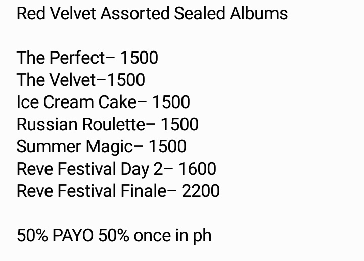 scycartz's tweet photo. ミ♡ #scygoph [wts lfb ph go] 

Assorted Sealed Red Velvet Albums 

see pic for prices

ETA : May-June

50% PAYO 50% once arrived in ph 

# red velvet sealed album the velvet the perfect ice cream cake icc russian roulette summer magic reve festival day 2 finale https://t.co/62d7xLgejq