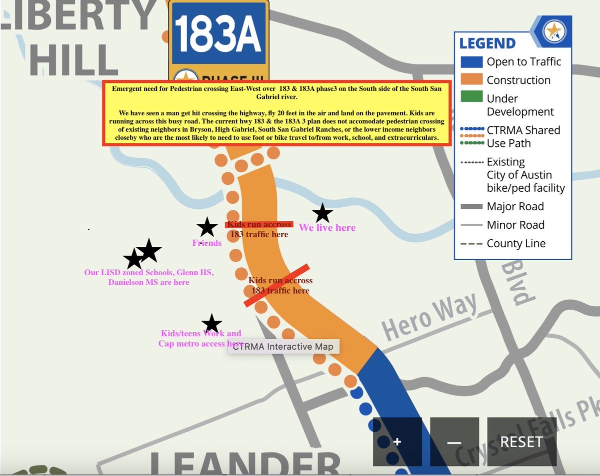 SanGabrielRiver's tweet photo. @183atoll People are running across @183atoll!!!Please see edits to the interactive map, red lines are where kids cross traffic. Please help...no means of pedestrian or bikes crossings for miles, despite zoned schools, work, split neighborhoods being across 183A from homes @BrysonTexas . https://t.co/P5iScq2omJ