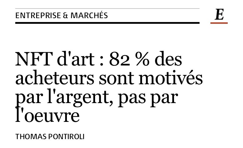 NFT d'art : 82 % des acheteurs sont motivés par l'argent, pas par l'oeuvre.

Les NFT donnent accès au marché de l’art - via <a href="/LesEchos/">Les Echos</a> 

Curieux d’en savoir plus sur les motivations des utilisateurs de #Sorare. Play-to-earn ou Earn-to-earn ?