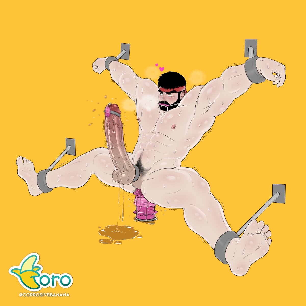 CorrosiveBanana's tweet photo. Ryu is undergoing some intense endurance training (before SF6 comes out xD) by sitting on a rotating spiked dildo! He can't stop leaking precum especially with a vibrator on the tip of his cock! https://t.co/jVDFOEhAME