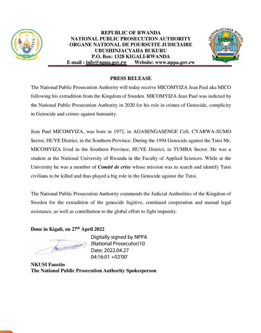 rbarwanda's tweet photo. 🚨JUST IN🚨

This Wednesday morning, @ProsecutionRw received Genocide suspect Micomyiza Jean Paul, who was extradited from Sweden. 

Micomyiza was arrested by Swedish authorities in November 2020. #RBANews https://t.co/eqElq5tyiZ