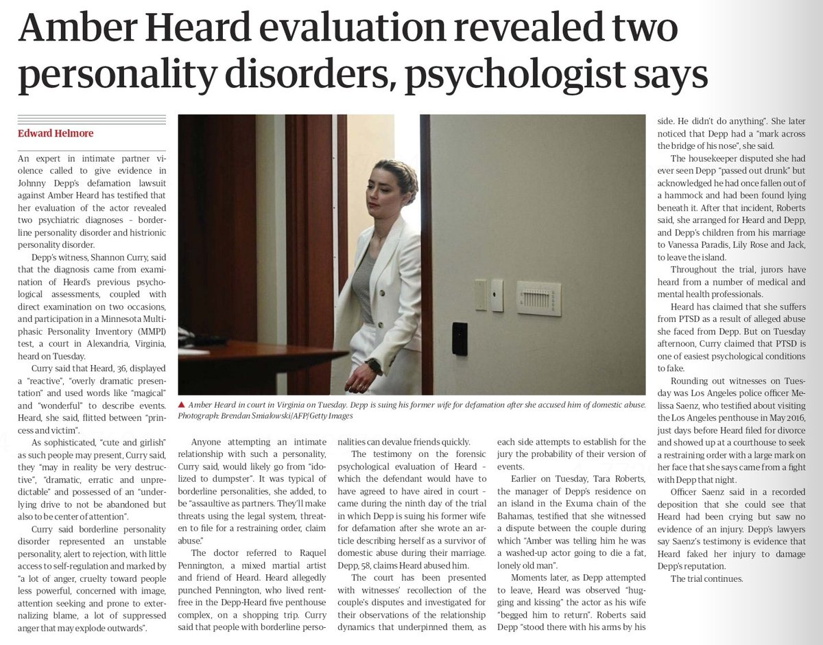 LakotaDi's tweet photo. After 3 hrs of searching I have at last found an article on the psychologist's diagnosis of AH and the police officers statement that she saw no evidence of DV. Pls spread this far and wide.
Guardian USA 27 April issue.
#IJohnnyDepp 
#JusticeforJohnnyDepp https://t.co/tMzbI4Z45P