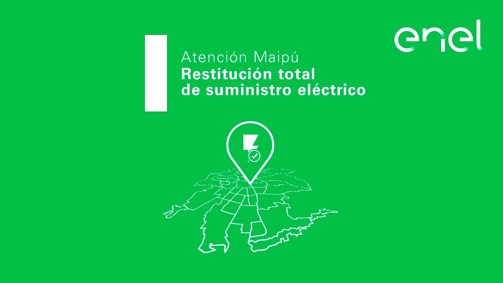 Enel_Informa_CL's tweet photo. [21:06] Comunicamos que #CorteDeEnergía que afectaba al sector desde Camino El Trebal hasta Av. Los Pajaritos en la comuna de Maipú ya está normalizado. Recomendamos revisar automáticos de la vivienda. https://t.co/5UhLO4CxDx