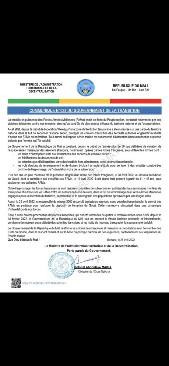 Suivez le communiqué N*28 du Gouvernement du Mali sur les violations répétées de la souveraineté du Mali par les forces françaises.