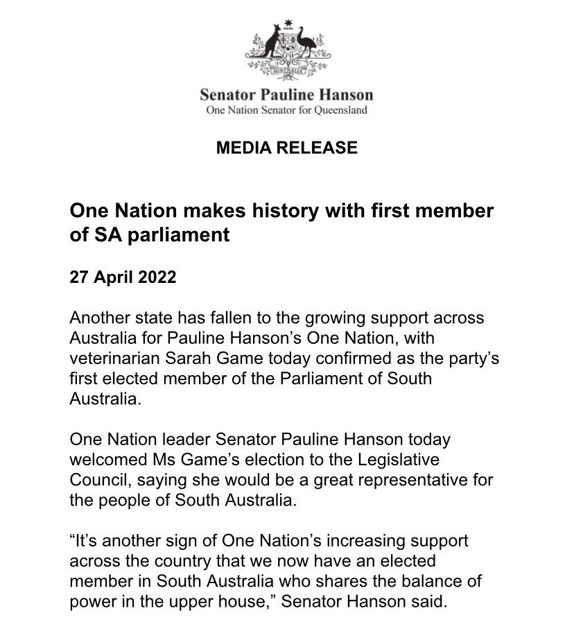 PaulineHansonOz's tweet image. MEDIA RELEASE | One Nation makes history with first member of SA parliament