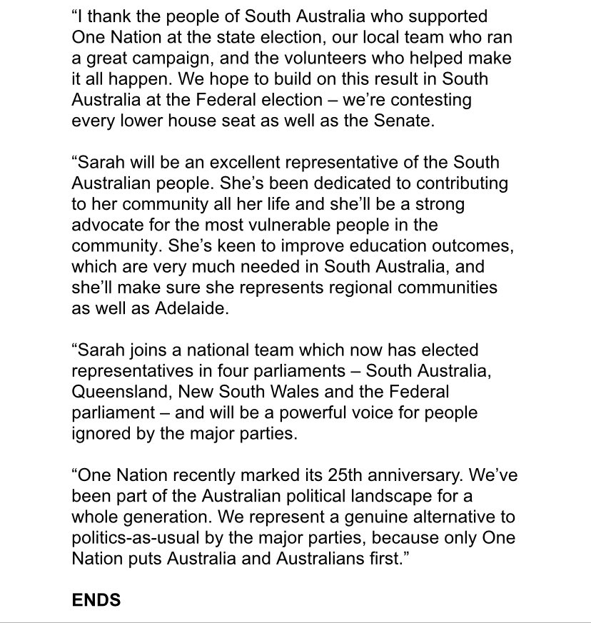 PaulineHansonOz's tweet image. MEDIA RELEASE | One Nation makes history with first member of SA parliament
