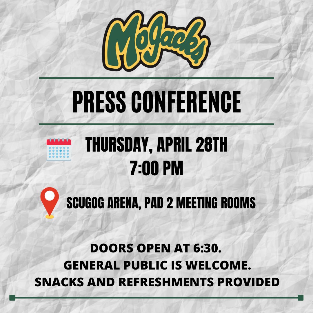 🚨PRESS CONFERENCE🚨

The Port Perry MoJacks will be holding a Press Conference on Thursday, April 28th at 7:00 PM.

LOCATION: Scugog Arena, Pad 2 Meeting Rooms.

Doors open at 6:30 PM. General public welcome to attend!

Refreshments and snacks available. 
#GoJacksGo