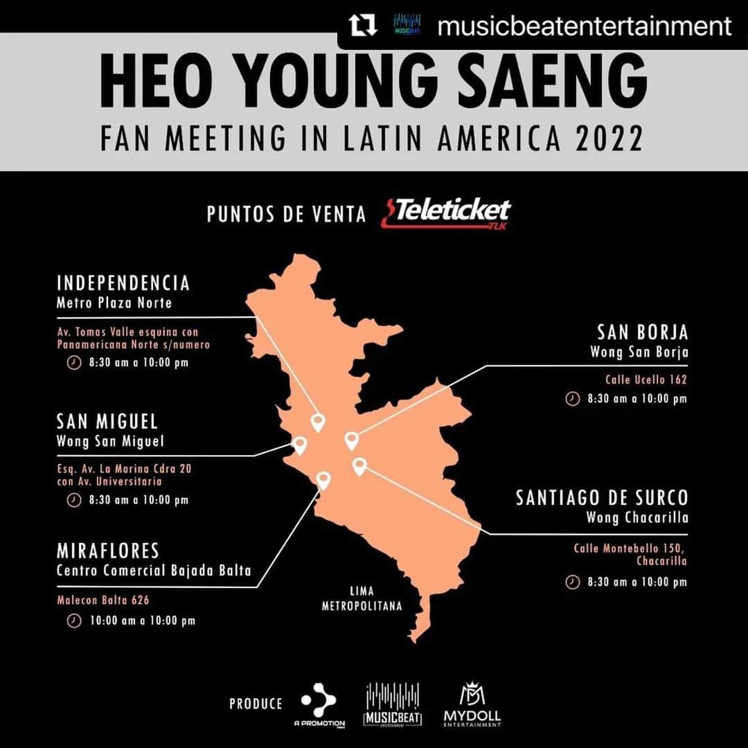 YES_ArgOFICIAL's tweet photo. Fan Meeting in Latin America  #HeoYoungSaeng
 LIMA Y AREQUIPA
 Inicio de ventas exclusivas por Teleticket:
Día: Lunes 25 de Abril
Hora: 12:00pm
Lima: Venta Presencial y Online
Arequipa: Solo venta online
Nota: En la 2da imagen se dan los puntos de venta presencial en Lima. https://t.co/vlSRXKjacd