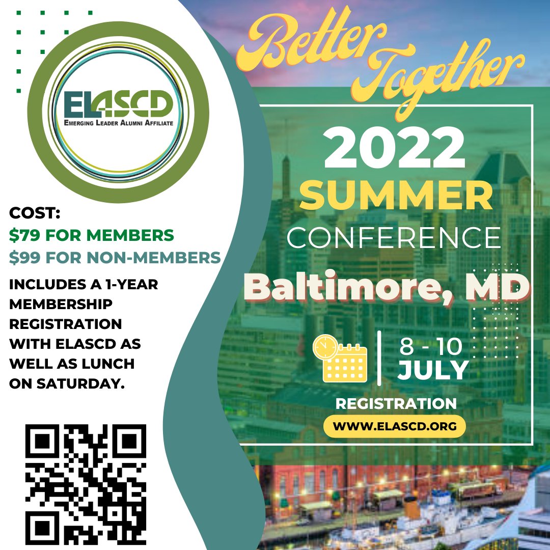 ALCollaborative's tweet image. Better Together - #ELASCD Summer Conference; Baltimore, MD; July 8-10; Registration and program details: elascd.org/about-3.
Open to all members, anyone eligible for membership in ELASCD, friends of ELASCD, and others who are interested in learning with ELASCD.