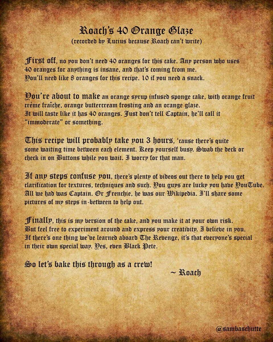 sambaschutte's tweet photo. Here’s the recipe again since it’s buried under an avalanche of vitamin C on my page🤩🍊🍰✨👨🏾‍🍳🏴‍☠️ (1/2) #OurFlagMeansDeath #hbomax @HBOMaxPop https://t.co/1kS6gnZi2D