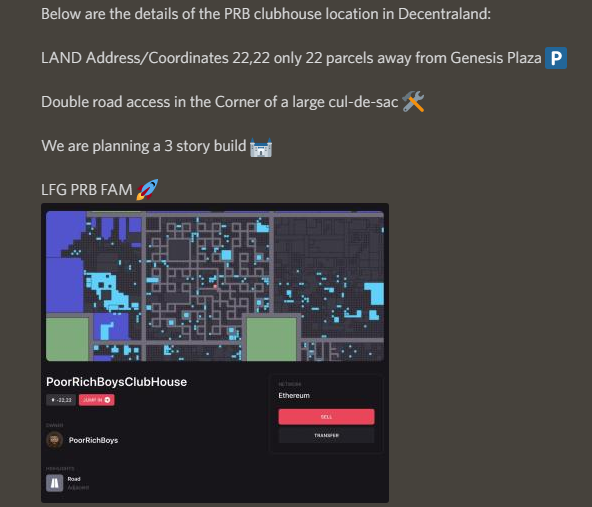 Binzer24nft's tweet photo. Who's coming to the @poorrichboys  PRB Clubhouse?
Here's our location in #Decentraland 🚀🚀🚀
The future looks bright around here 😎
#prb #prbstrong #iaintsellin #NFT #NFTCommunity #NFTProject https://t.co/KaMETQAn2o