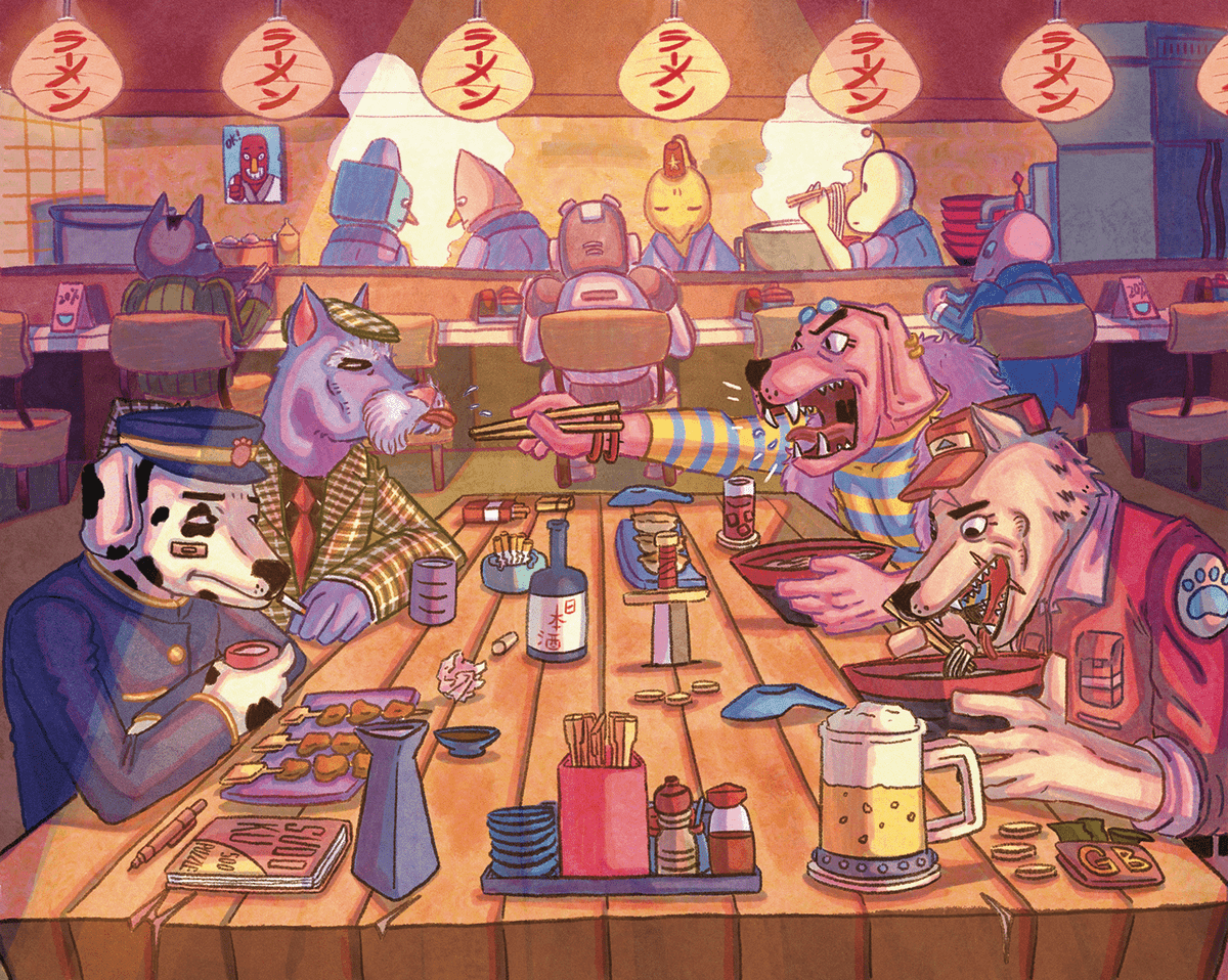 After a day's work, this is what we look forward to! eating and grumbling! An eclectic piece by Shapiens artist Royce Egan! #nft #2d #illustration #SURREALISM