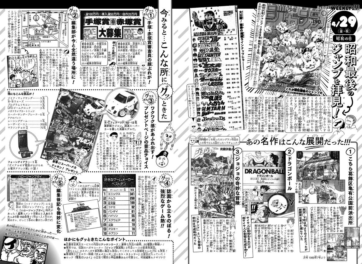 WJ21・22 増量だ◆
今号の「週ちゃん」は4P!2つ目の企画も!

*昭和最後のジャンプを拝見!
(4/29 昭和の日)

タイムトラベル記事!
昭和64年1月4日に発売されたジャンプを発掘。当時の連載ラインナップやプレゼントページなど、気になった見所を紹介!33年前の雰囲気を感じてください!(イ) 