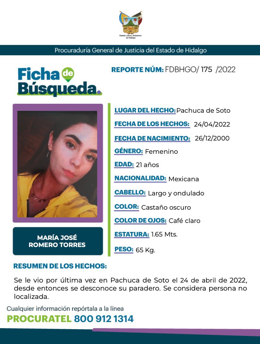puntoporpuntomx's tweet photo. ⚠️ Solicitamos su colaboración para la DIFUSIÓN de la Ficha de Búsqueda para localizar a MARÍA JOSÉ ROMERO TORRES, a quien se le vio por última vez en Pachuca de Soto el 24 de abril de 2022, desde entonces se desconoce su paradero. Se considera persona no localizada. https://t.co/NFDE8koBNp