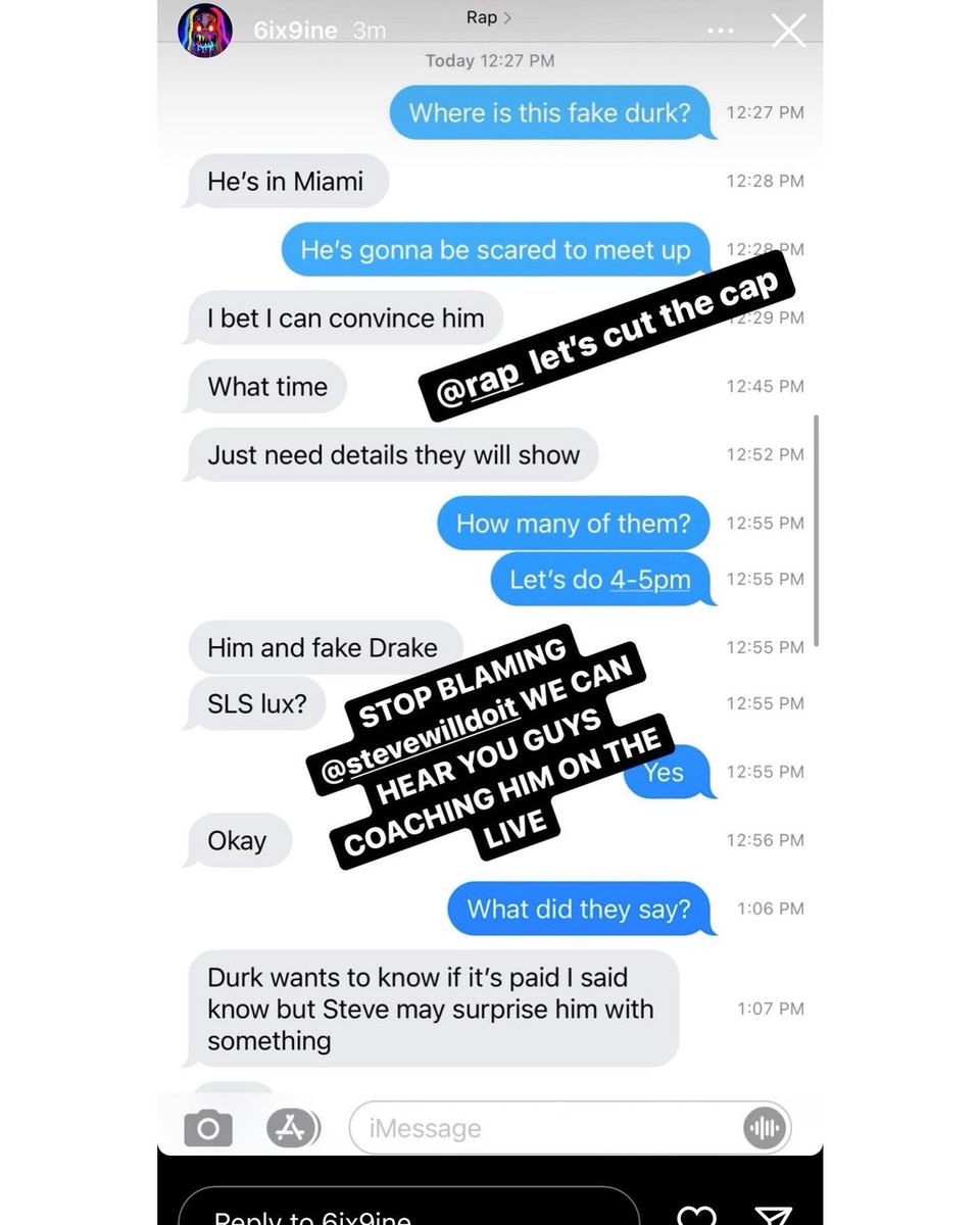 Akademiks's tweet photo. 6ix9ine posts text proof of how the meetup with fake Lil Durk got orchestrated: he denies that Stevewilldoit set it up https://t.co/xJgxTHNaRi