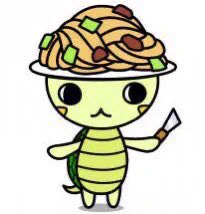 Kamemaru, a turtle with udon noodles on its head, promotes udon from Kameyama City, Japan. 