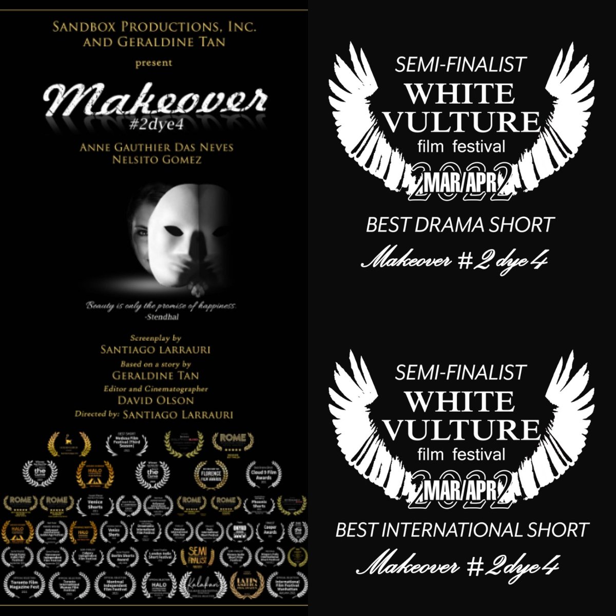2dye4Film's tweet photo. We are semi-finalists in two categories, #bestdramashort and #bestinternationalshort #WhiteVultureFilmFestival 🙏😊❤️ https://t.co/BwimkMeJHI