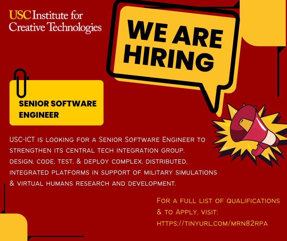 USC_ICT's tweet photo. USC-ICT is looking for a Sr. Software Engineer to strengthen its central tech integration group. For more info and to apply, visit: https://t.co/WuHG0bHhhw

#USCICT #softwareengineerjobs #softwareengineer #usc https://t.co/WC1lywqdMn