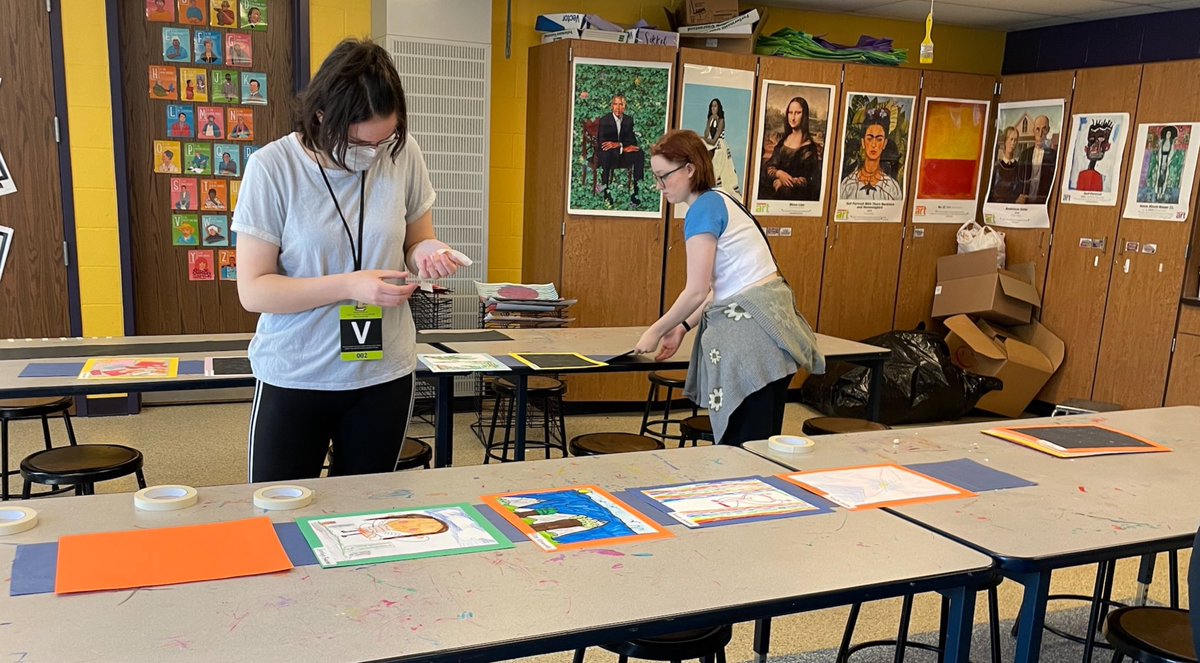 Emma, Olivia, and Kayla helped Mrs. Gochis, <a href="/BEBulldogs/">Belmont Bulldogs</a> Art Teacher, prepare banners with artwork to cover the school for their upcoming STEAM night on May 6th. Kayla’s brother, Camden, also stopped by to help his big sister! 💜🎨