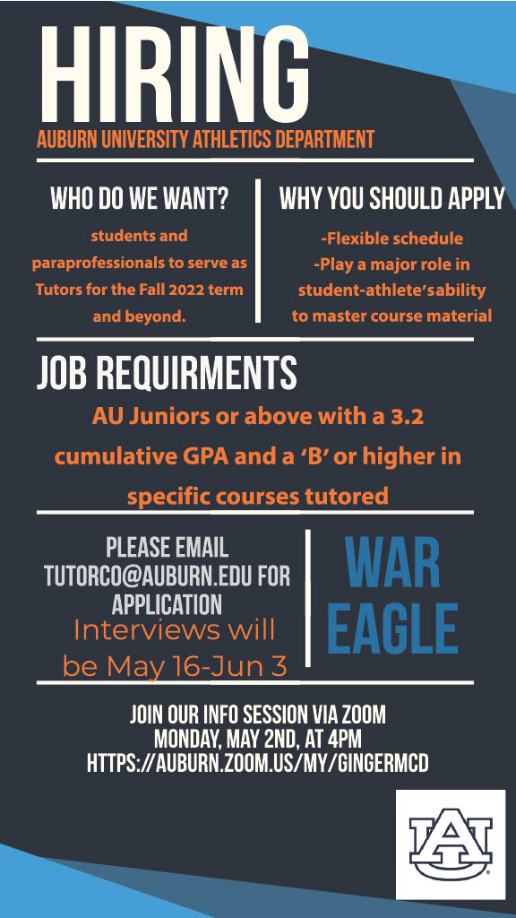WE'RE HIRING FOR FALL 2022 // Email tutorco@auburn.edu for information. War Eagle!!!