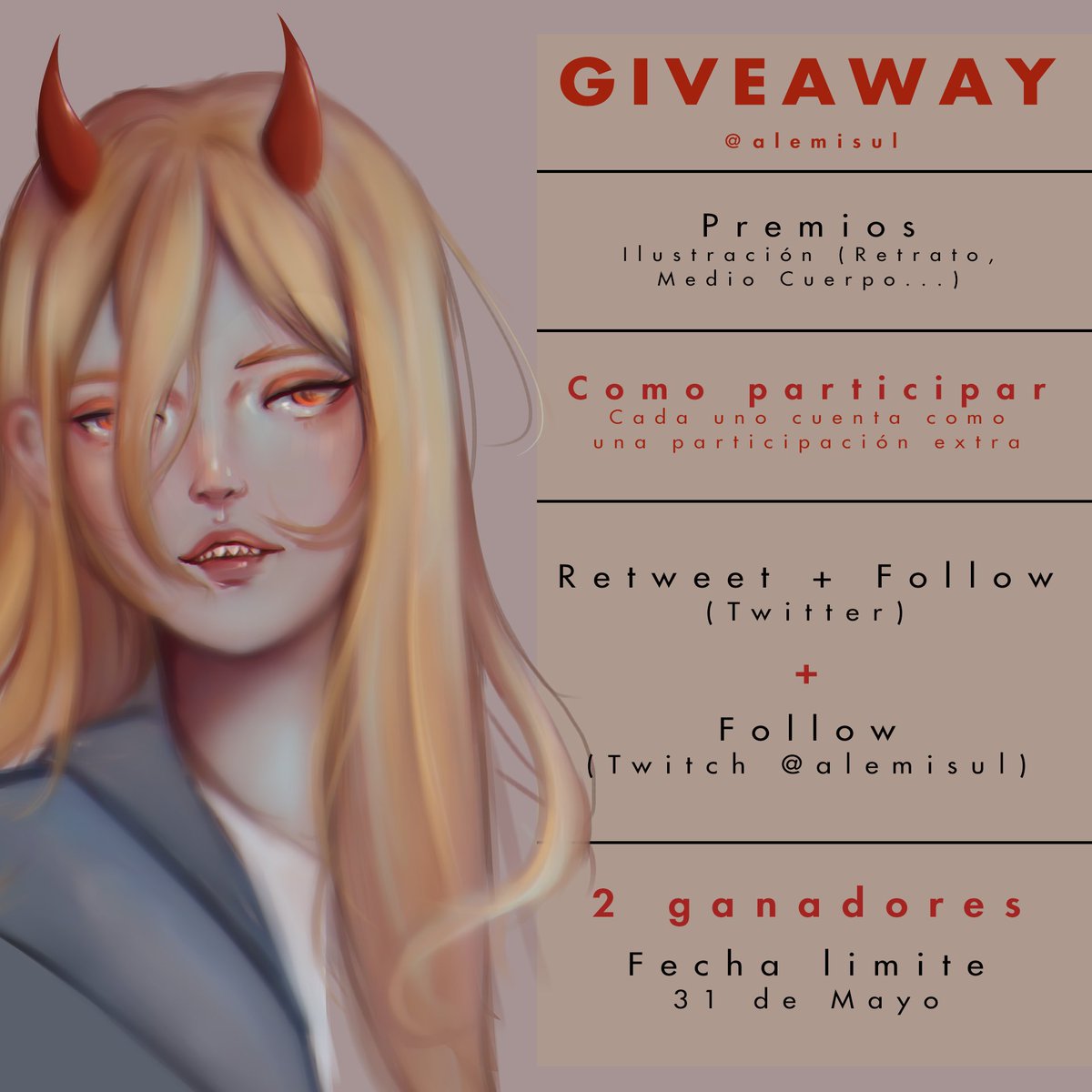 alemisul's tweet photo. ✨Sorteito de una comisión por haber llegado a los 100 seguidores en Twitch.✨
Dos maneras de participar:
- Rt &amp; follow en Twitter ( https://t.co/59Dn9aQLpV )
- Follow en Twitch ( https://t.co/4G1Jh2DZBj )

2 Ganadores
Fecha limite 31 de Mayo https://t.co/34BS6UhnrA