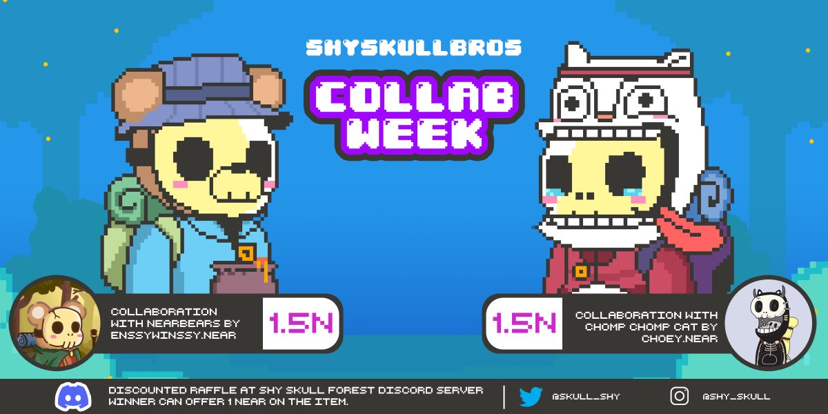 shysukii_'s tweet photo. 🌲SSB Collab Week Day 2🌲
with @sri_choey creator of "Chomp Chomp Cat"
and @enssywinssy  creator of "NearBears"

https://t.co/SyFk6vDeiG

Join ShySkull's Forest for discounted raffle.
https://t.co/dJTUQttE5a

#SSBCollabWeek #HypeDAO #NEARProtocol #PARASnft #Near $Near https://t.co/e2qBmvkUQm
