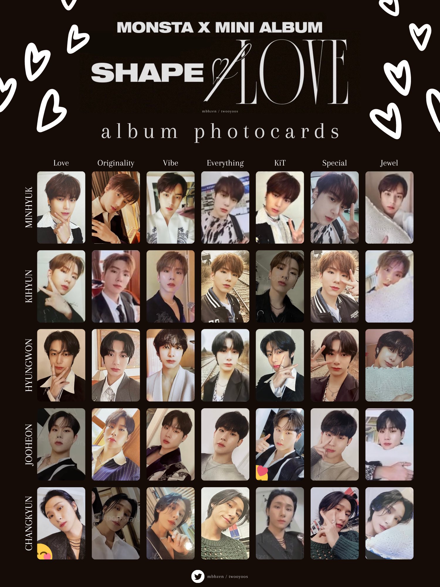 k on X: update as of 10:07AM (04/27) complete album pcs! will reupload  with hd previews later~ [ 몬스타엑스 포카 리스트 monsta x shape of love photocard pc  template list minhyuk kihyun