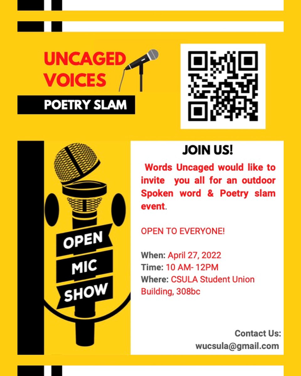 Hey Project Rebound Family, join Uncaged Voices; Poetry Slam tomorrow, OPEN TO
EVERYONE! From 10 AM-12PM, at CSULA Student Union, sign up using QR Code!!!
