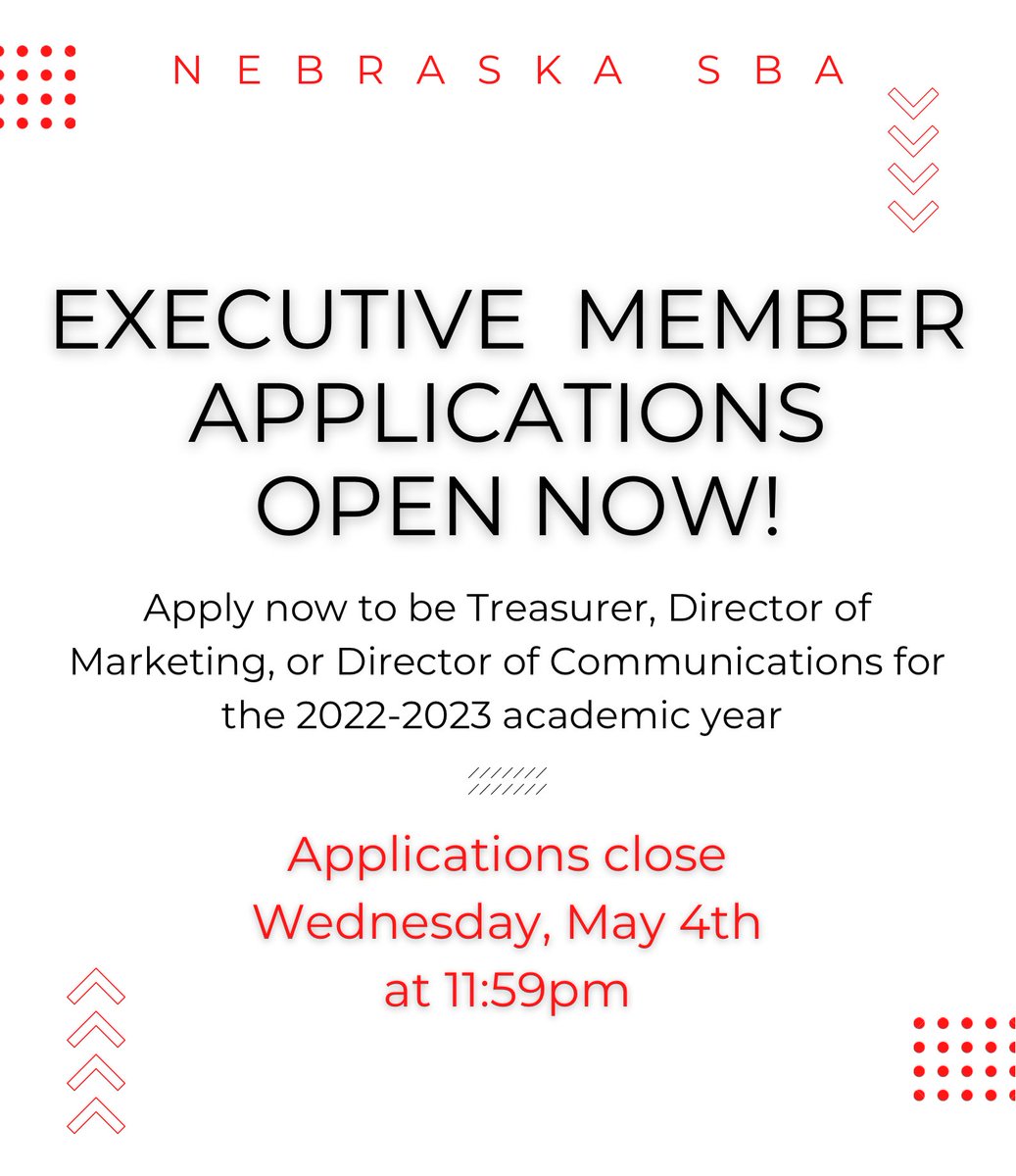 NebraskaSBA's tweet photo. Our official executive member application for the 2022-2023 school year is now open! Our open positions include Treasurer, Director of Marketing, and Director of Communications. If you or someone you know may be interested, the application link is below!

https://t.co/fOWLWYgKRq https://t.co/2TXE7KSi81