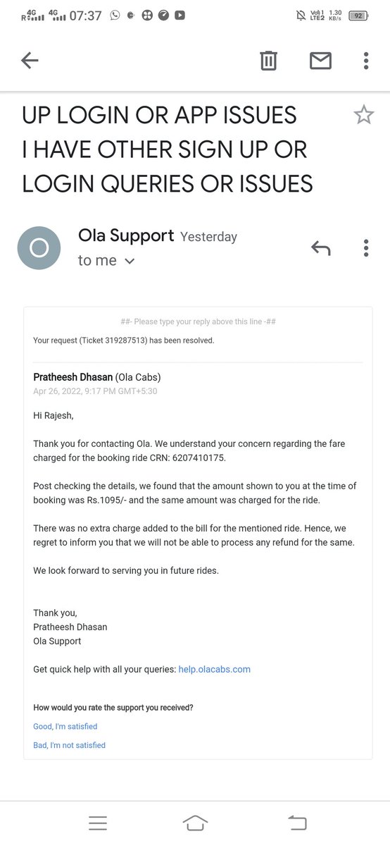 AaarJeySingh's tweet photo. @ola_supports @Ola_Chennai @Olacabs @ola_supports  Thanks for closing ticket showing your sheer brilliant skills of how to cheat people &amp; harass them.Two different executive giving two different solutions.This is the level of their reply.Hope others who see this review and never take ola again https://t.co/NMdqRhLOLm