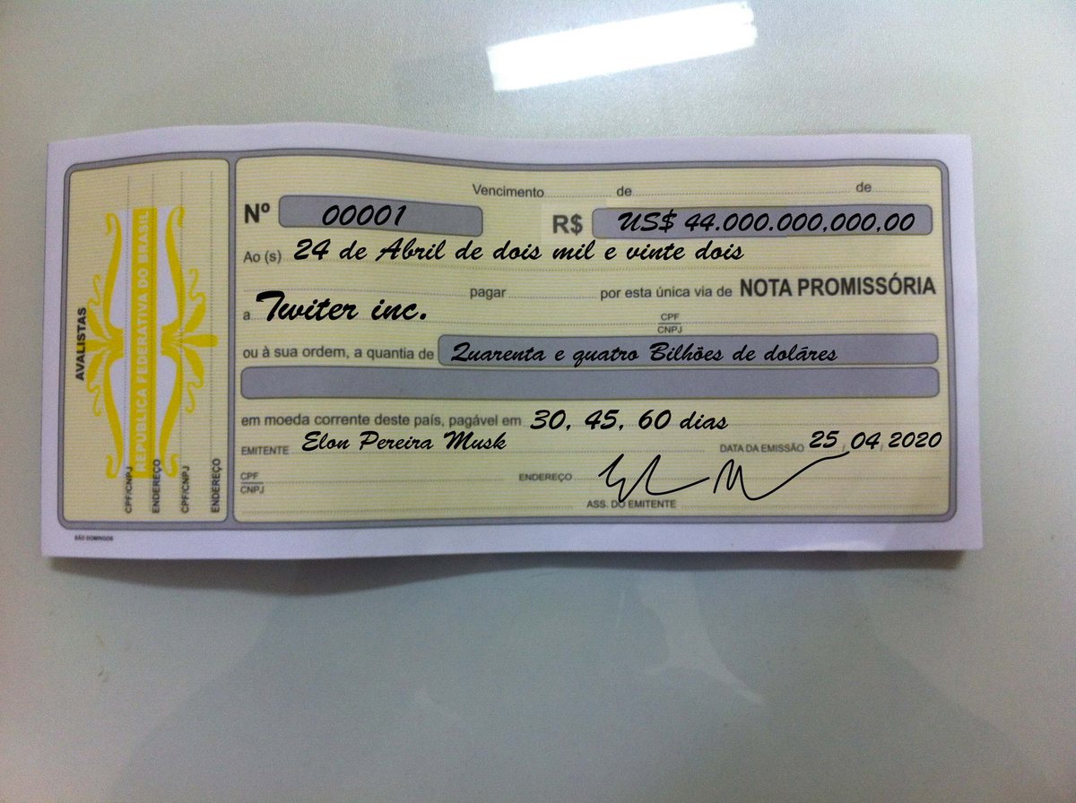 EuFredRocha's tweet photo. A compra do @Twitter por @elonmusk foi fiado! #ElonMusk https://t.co/oIPUpFuNIE