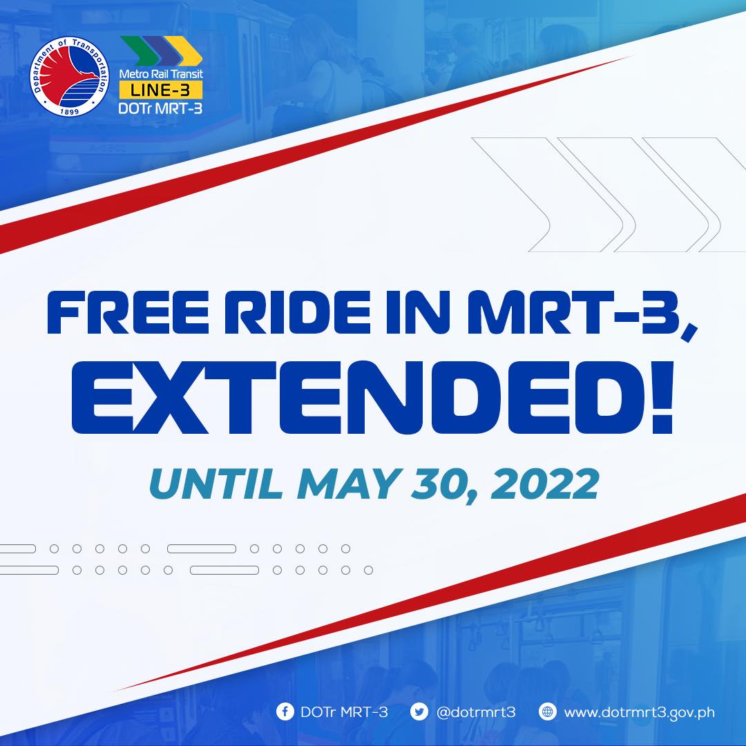 dotrmrt3's tweet photo. JUST IN: FREE RIDE IN MRT-3, EXTENDED UNTIL MAY 30!

FULL STORY: https://t.co/6pNVVjwGRr

#DOTrPH 🇵🇭
#DOTrMRT3
#SulongMRT3 https://t.co/UZWchkAycZ