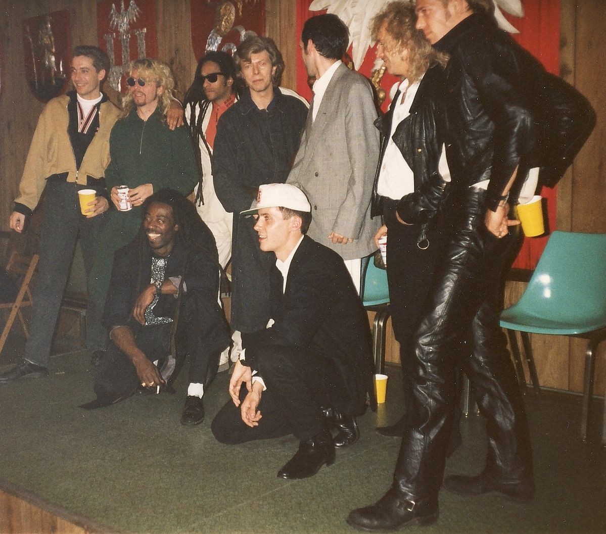 (l/r): Greg Roberts (BigAudioDynamite), Dave Stewart (Eurythmics), Don Letts (B.A.D), David Bowie, Jimmy Cliff cover by Mick Jones (B.A.D/Clash), Peter Frampton, Dan Donovan (B.A.D, bowed), Paul Simenon (Clash), At 'Irvin Plaza' concert of B.A.D backstage, NYC, April 1987
