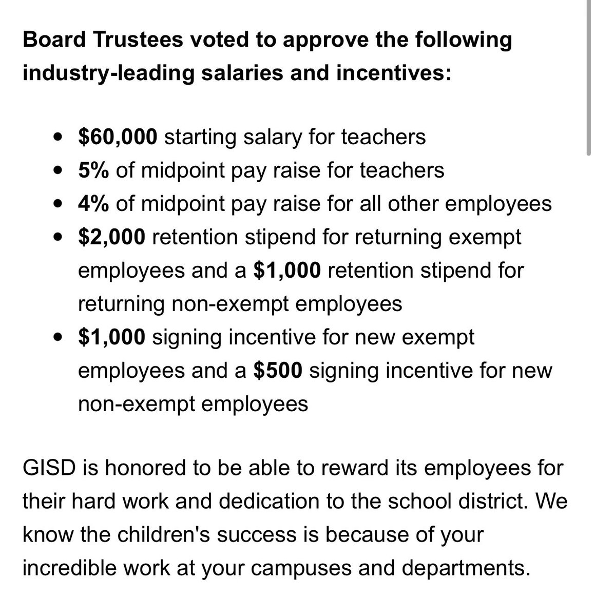 GISD sets a new record for employee pay! Yup, that’s right, our starting salary for teachers is $60,000! 💰AND everyone gets a RAISE! BOOM! See why I keep telling y’all to #ChooseGARLANDISD! We are #TheGISDEffect! Thank you so much, Board of Trustees! 🙏🏽<a href="/drlopez23/">Ricardo Lopez</a> <a href="/DrBrentRingo/">Dr. Brent Ringo</a>