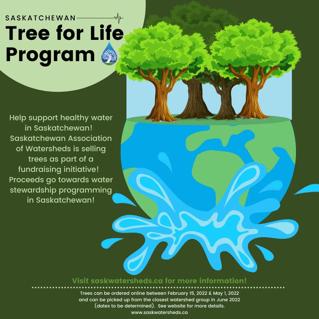 sk_program's tweet image. Water may be the most vital resource on Earth, for our survival.  Trees can be directly linked to healthy watersheds!  SAW is selling trees through the #SKTreeforLife Program to help support healthy water in Saskatchewan!!
Visit – …katchewan-tree-for-life.myshopify.com
#treesaregood