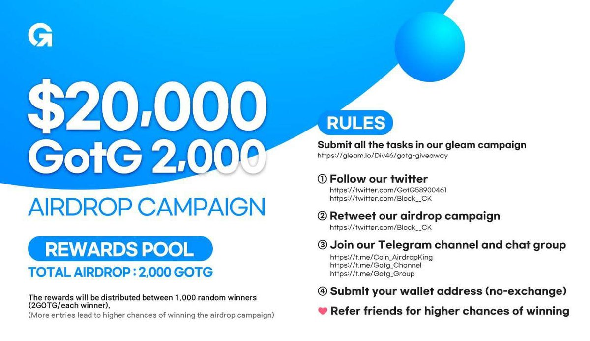 #GOTG is running a massive 2,000GOTG #airdrop campaign in  tokens!

Join our gleam competition:
🔗gleam.io/Div46/gotg-giv…

Page with curl Follow all the rules and tag your friends to join the airdrop campaign!

#Metaverse #Giveaway #NFT