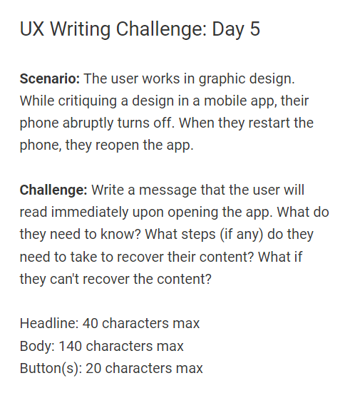 _miiishh's tweet photo. Another day of UX Writing!
Learning and writing.
@dailyuxwriting
Please leave your precious feedback down and help me grow!
#dailyuxwriting #UXWriting #DailyUXWriting #UXChallenge https://t.co/fZEf3FS4He