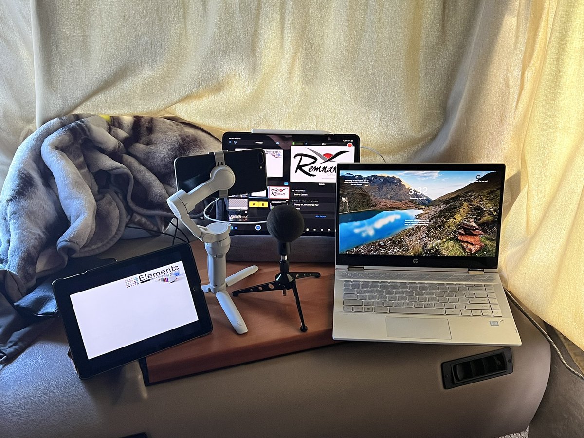 Omygodc's tweet photo. When you are recording Bible Studies from the road, sometimes you have to improvise. 
This was my setup inside the motor home for Wednesday’s kick off for the Elements series. A laptop, 2 iPads, an iRig mic and @switcherstudio 
@remnantchurchiv 
#Elements https://t.co/CbPFrdncfU https://t.co/i3eJBASVBj