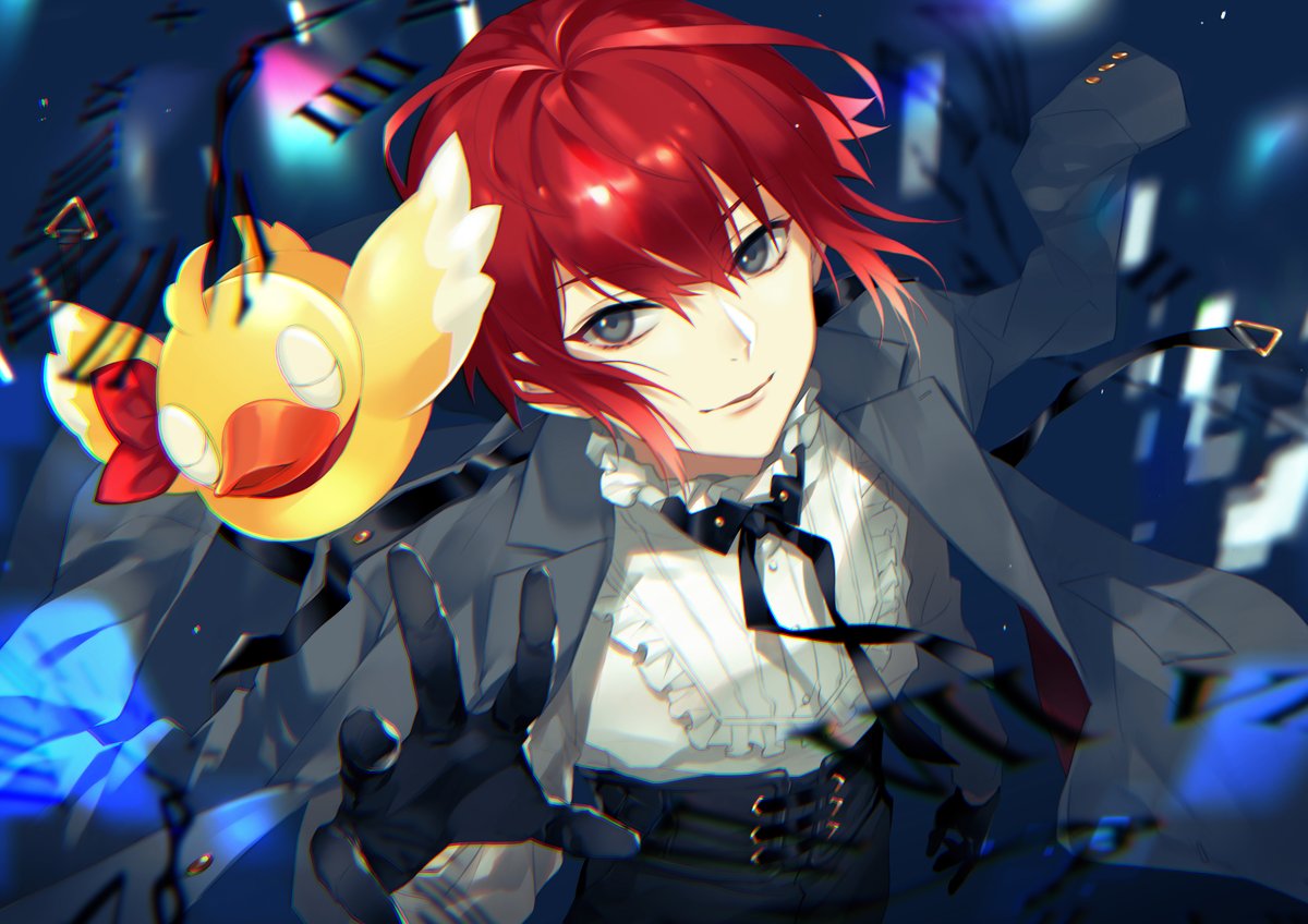red hair gloves 1boy male focus looking at viewer black gloves smile  illustration images