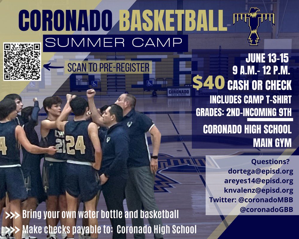 coronadoMBB's tweet photo. Coronado basketball skills camp is back! Pre-register today! https://t.co/02PaHgJGI1
We look forward to seeing you…😃👍🏼🏀⚡️⚡️⚡️@Prep1USA @Fchavezeptimes @coronado_high @EPISDathletics @EPSports915 @ColinDeaverTV @HaskinsPK8 @IBMorehead @coronadoGBB @elpasotimes https://t.co/QGrlZB1X9O