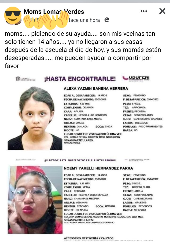 pastodelbosque's tweet photo. Urge difusión en #lomasverdes #Edomex
Vecinos se están organizando para la búsqueda de dos niñas desaparecidas. @CarlosLoret @warkentin @CiroGomezL @TapiaFernanda #sebusca #niunamas #mexico #naucalpan #LomasDeSanAgustín #DondeEstan #noticiaviral #viral #Noticias https://t.co/NZ7MtjuaSX