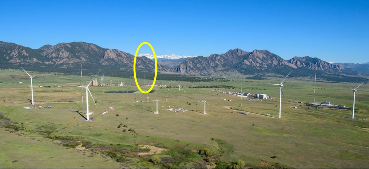 🧵While this spring in #Boulder sure has felt #windy, is it windier than “normal”? I checked @NREL’s M2 tower (near the wind turbines just east of Eldorado Canyon) using data from midcdmz.nrel.gov/apps/sitehome.…
This photo of the Flatirons Campus is ~ 2017; I circled M2 in yellow. 1/5
