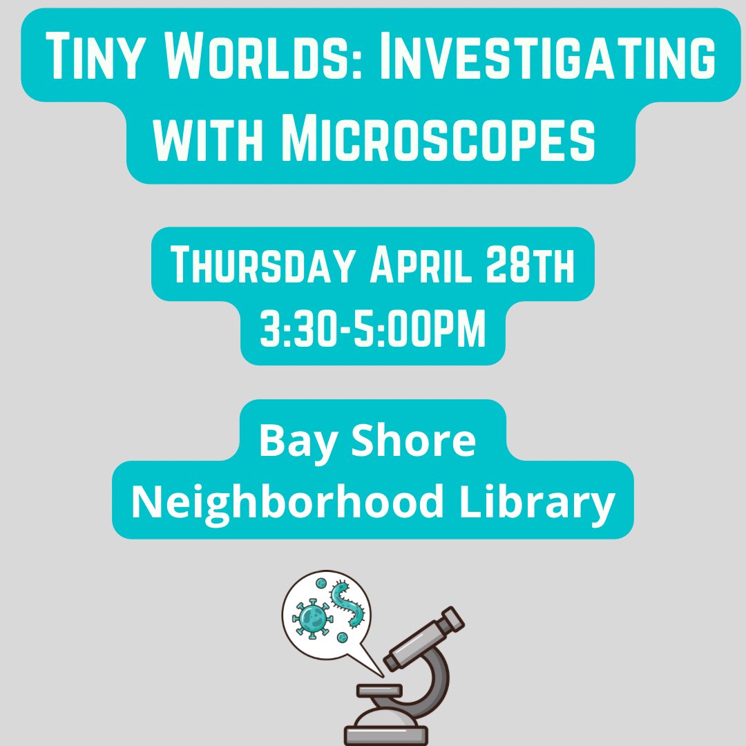 City Of STEM (@cityofstem) on Twitter photo Join <a href="/lbcitylibrary/">Long Beach Public Library</a>
Explore your garden from a new perspective! Using microscopes, we will learn to prepare samples from our plants, draw their structures, & compete in small teams. Ages 12 +
Thursday, April 28
3:30-5:00
Bay Shore Neighborhood Library
195 Bay Shore Ave. 90803 Join <a href="/lbcitylibrary/">Long Beach Public Library</a>
Explore your garden from a new perspective! Using microscopes, we will learn to prepare samples from our plants, draw their structures, & compete in small teams. Ages 12 +
Thursday, April 28
3:30-5:00
Bay Shore Neighborhood Library
195 Bay Shore Ave. 90803