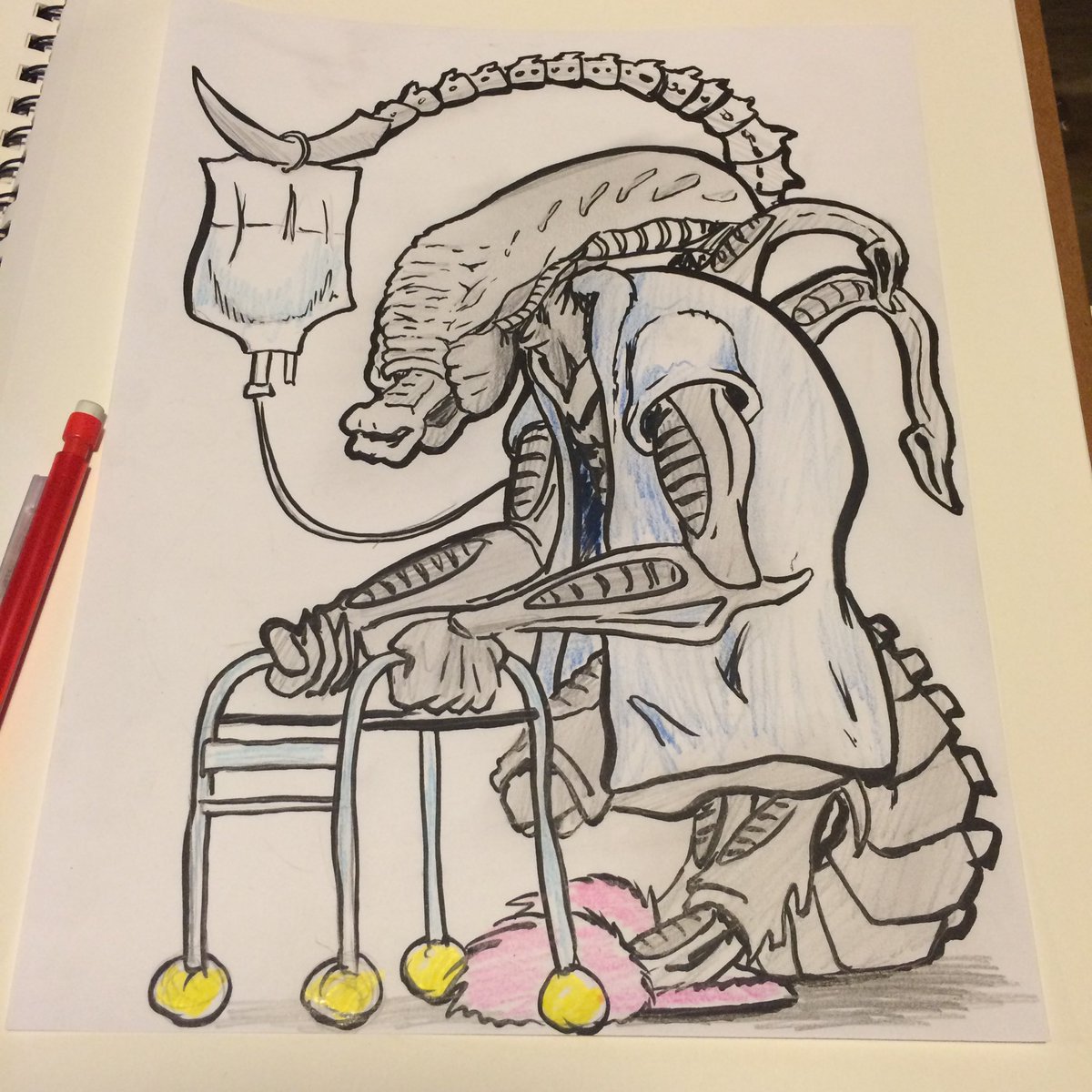 MagnusApollo's tweet image. Was looking back through old alien themed doodles for #AlienDay2022 and came across this Drawing based on a @ThatKevinSmith joke he made with @RalphGarman from a #HollywoodBabbleOn podcast from years back. 

Whistler, the geriatric Xenomorph.