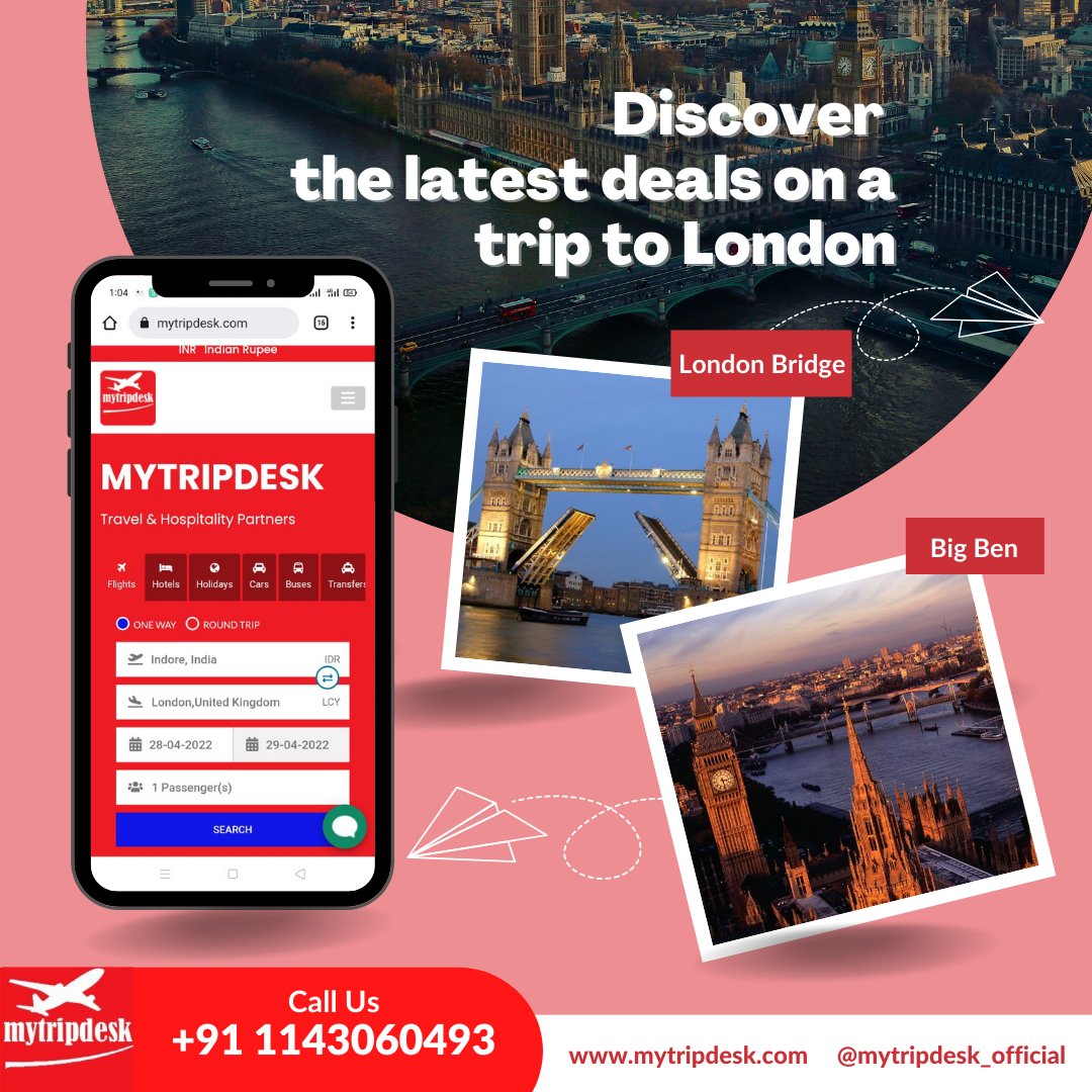 mytripdesk's tweet photo. Discover latest deals on a trip to London, Plan your entire stay with My Trip Desk. Visit https://t.co/TDX0q0ANlK and find best deals on flights and hotel bookings. 
#mytripdesk #travelpartner #travel #traveling #letsgoeverywhere #tourismchat #trip https://t.co/YT7lSc7eYs
