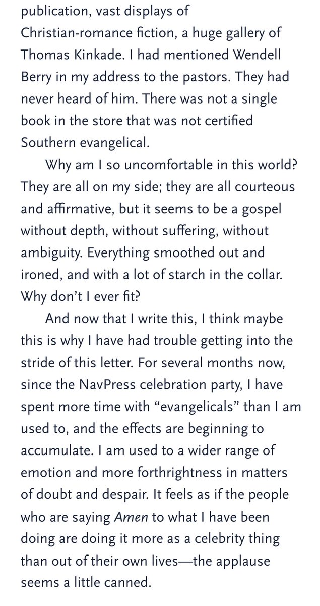 RevChrisDavis's tweet photo. I’m reading Eugene Peterson’s letters to his son. This critique of evangelicalism stopped me in my tracks. Peterson wrote it after spending the day with pastors in Tyler, TX and visiting a large Christian bookstore. 

Buckle up. https://t.co/bjLH4ZkfgK