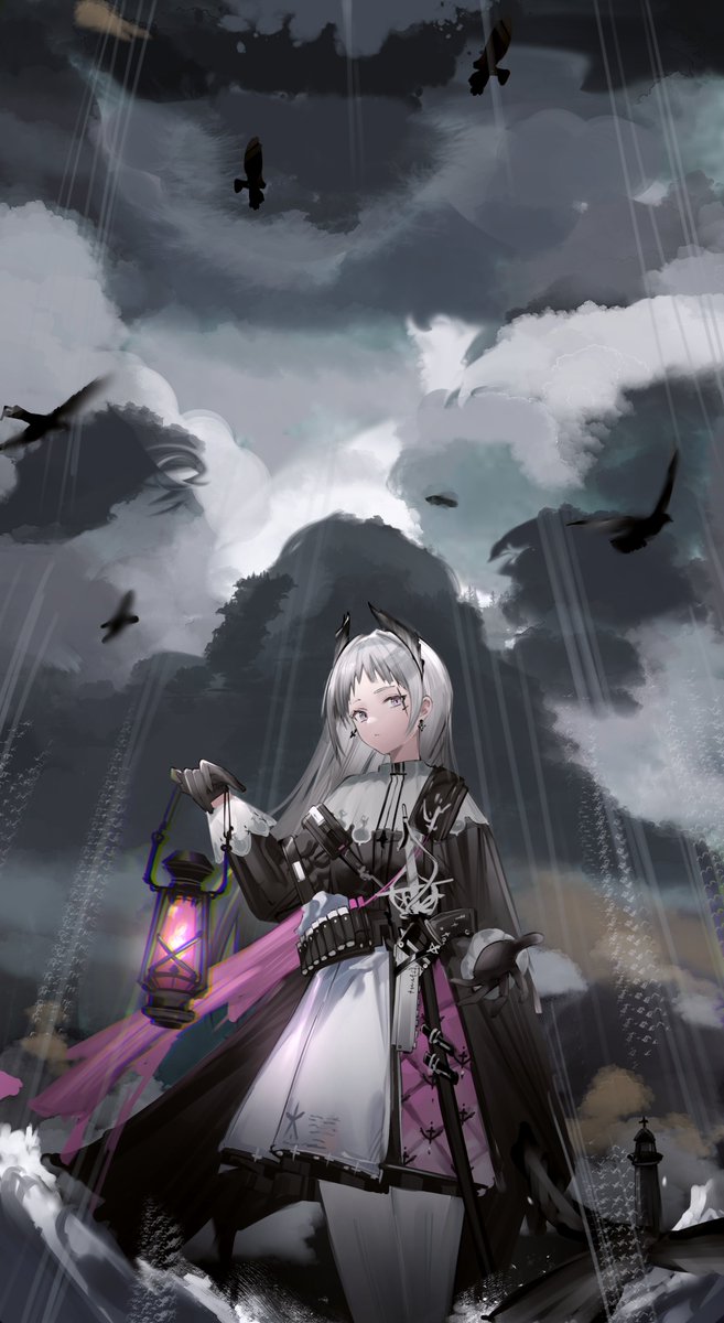 irene (arknights) 1girl lantern holding lantern rain cloudy sky cloud solo  illustration images